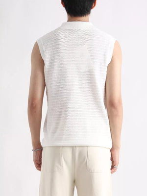 White knit polo collar tank top with open weave detail