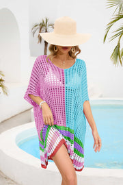 Meshed edge scoop neck half sleeve cover-up in pink and blue with striped hem