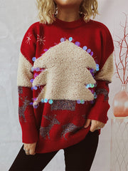 Red acrylic sweater with sequin-trimmed Christmas tree and reindeer pattern