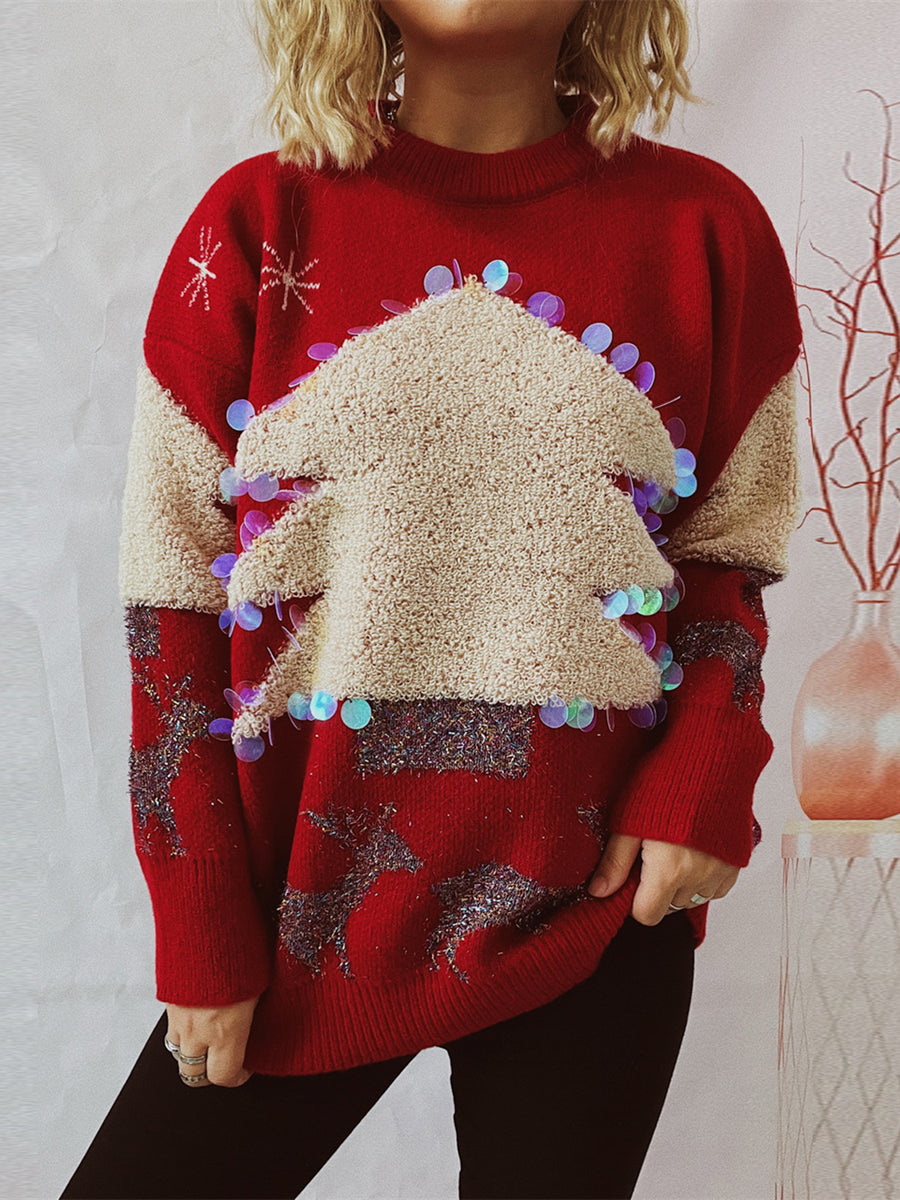 Red acrylic sweater with sequin-trimmed Christmas tree and reindeer pattern