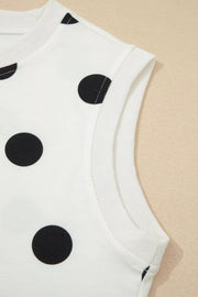White polka dot sleeveless top with ribbed trim detail