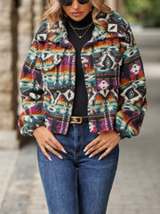 Southwestern sherpa button-up jacket in multicolor with tribal pattern and chest pockets.