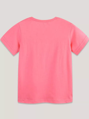 Toddler girls pink cotton t-shirt with short sleeves and crew neck.