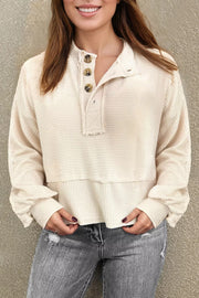 Corded Texture Lantern Sleeve Henley Sweatsuit in Ivory, close-up detail