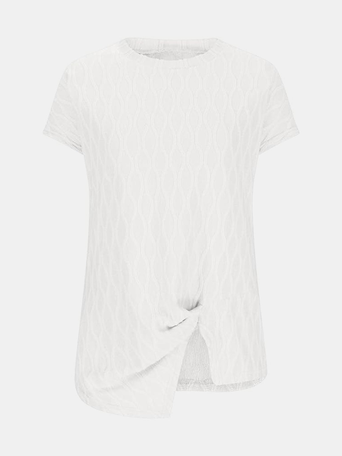 White textured tee with short sleeves and a knot-front asymmetric hem