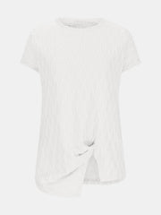 White textured tee with short sleeves and a knot-front asymmetric hem