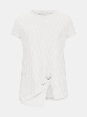 White textured tee with short sleeves and a knot-front asymmetric hem