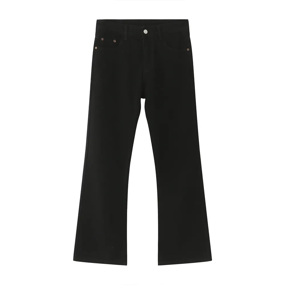 Black denim relaxed flare trousers with a casual, boho style.