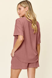 Light Mauve waffle knit outfit set with short sleeve top and shorts.