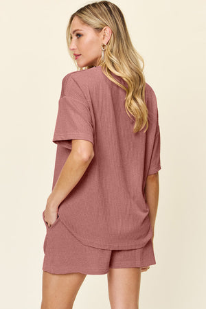 Light Mauve waffle knit outfit set with short sleeve top and shorts.