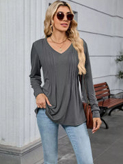 Dark gray V-neck long sleeve maternity t-shirt with subtle front pleats.
