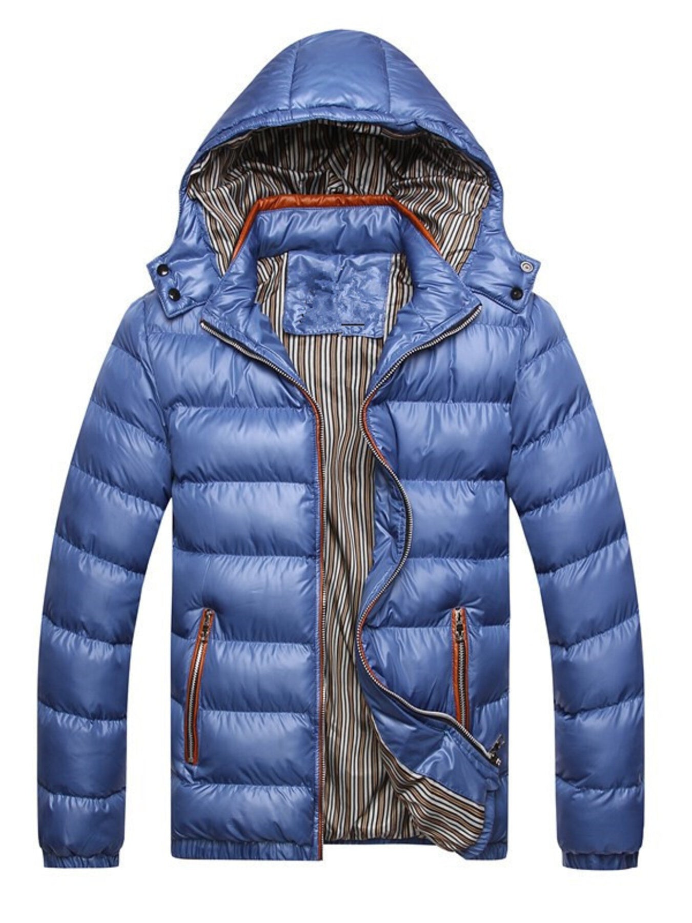 Blue hooded puffer jacket with striped lining and orange zipper details