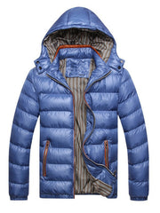 Blue hooded puffer jacket with striped lining and orange zipper details
