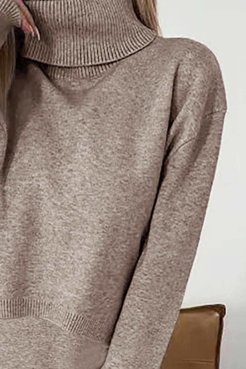 Mocha knit turtleneck sweater with ribbed collar and hem detail