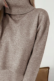 Mocha knit turtleneck sweater with ribbed collar and hem detail