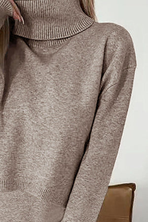 Mocha knit turtleneck sweater with ribbed collar and hem detail