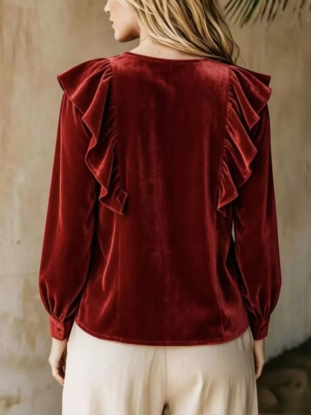 Full Size Ruffled V-neck Long Sleeve Blouse, close-up detail