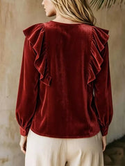 Full Size Ruffled V-neck Long Sleeve Blouse, close-up detail