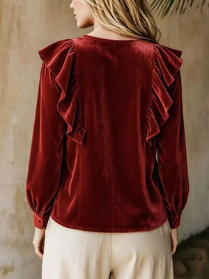 Full Size Ruffled V-neck Long Sleeve Blouse, close-up detail