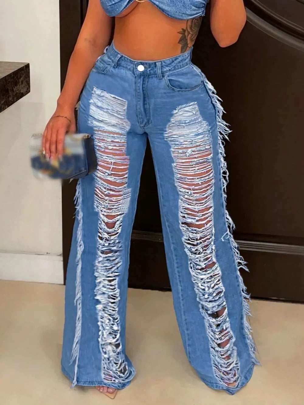 Fringe-detail Distressed Wide-leg Jeans