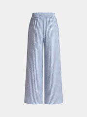 Maternity wide-leg pants in light blue with thin vertical pinstripes and an elastic waistband.