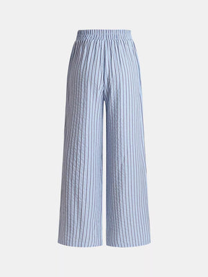 Maternity wide-leg pants in light blue with thin vertical pinstripes and an elastic waistband.