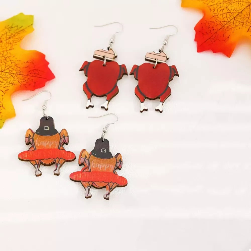 Thanksgiving turkey charm dangle earrings in red and brown acrylic.