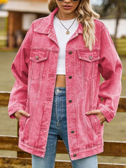 Relaxed fit washed denim trucker jacket in hot pink with button-down front and chest pockets.