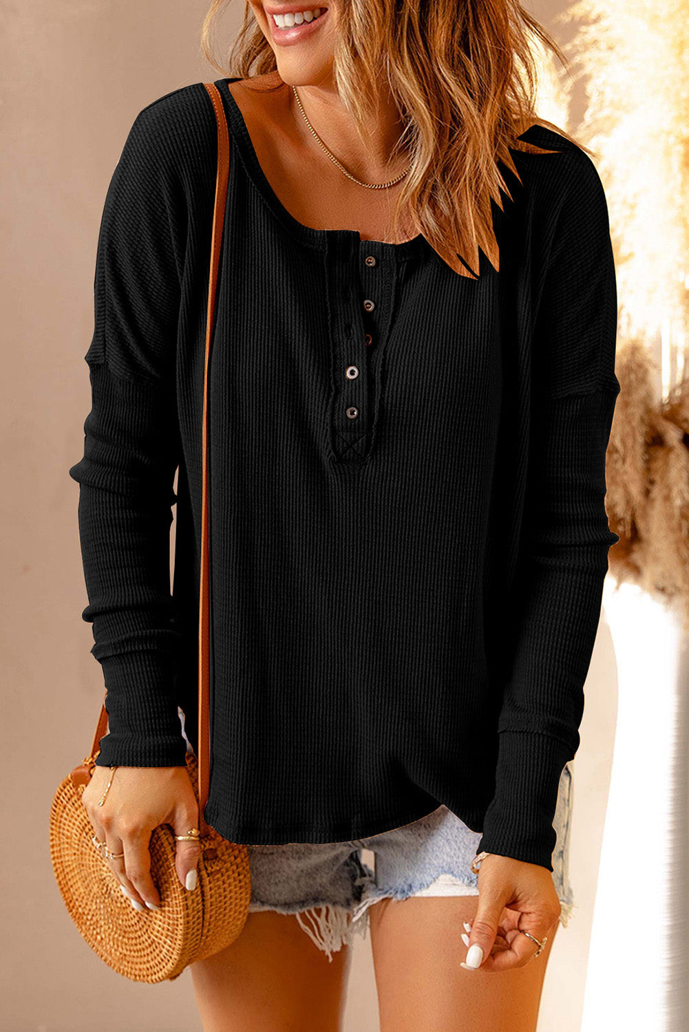 Black ribbed henley drop shoulder top with button detail