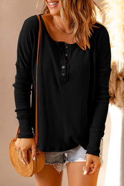 Black ribbed henley drop shoulder top with button detail
