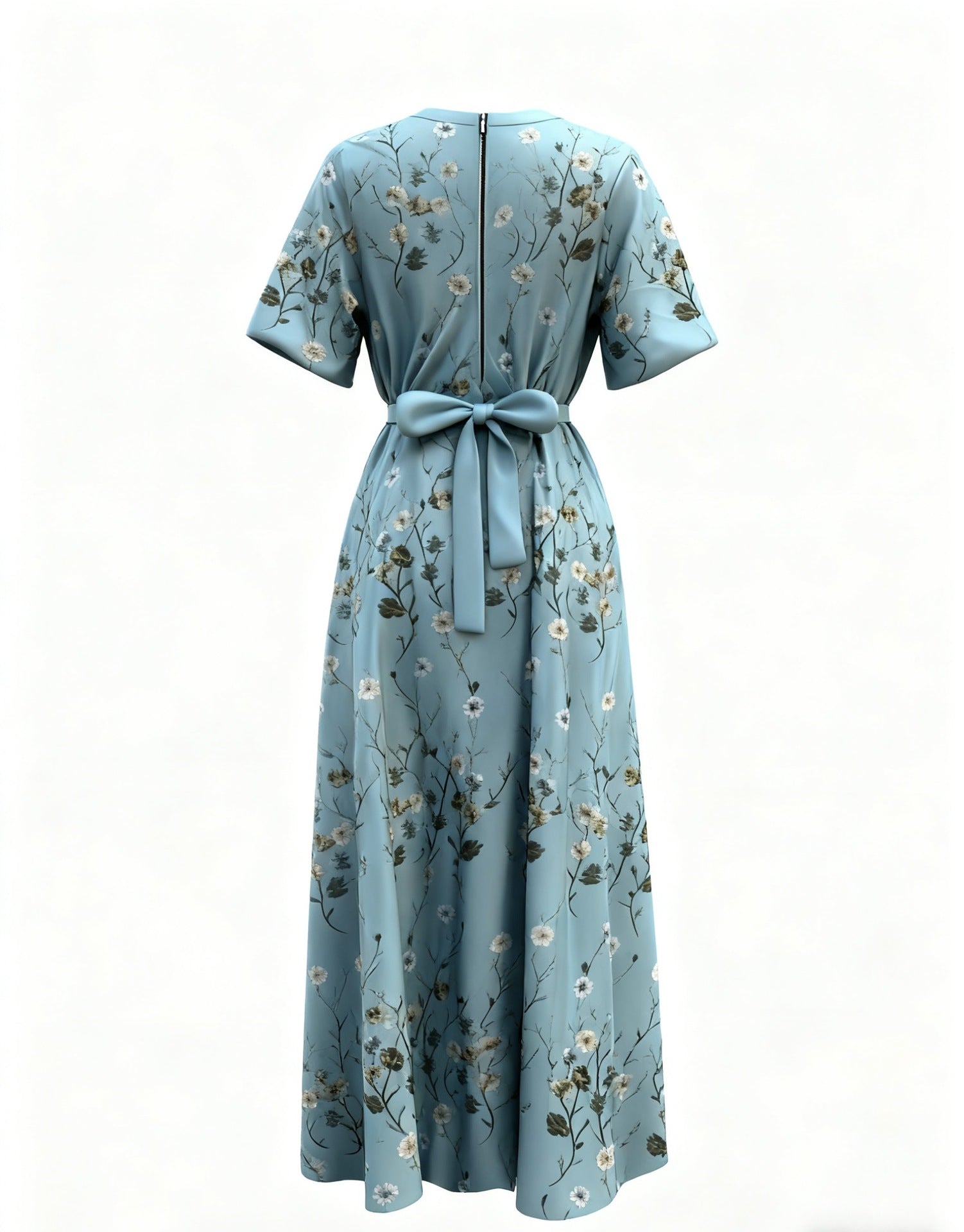Teal floral maxi dress with short sleeves, defined waist tie, and back zipper.