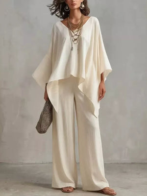 Full Size V-neck Top And Pants Set Plus Size in White, front view
