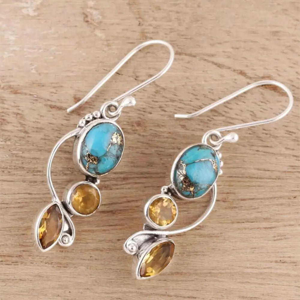 Silver dangle earrings with turquoise and citrine stones