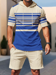 Men's Striped Short Sleeve Hoodie And Shorts Set, back view