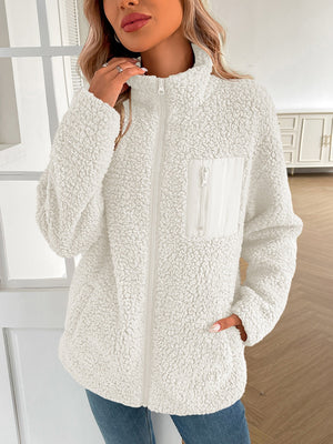 White teddy fleece jacket with zip front and patch pocket detail