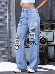 Distressed Graphic Wide-leg Jeans