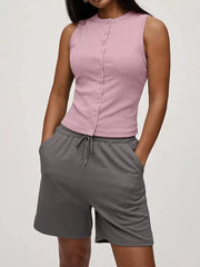 Pink ribbed button-front fitted tank top with a round neckline.