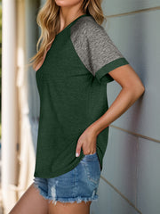 Raglan sleeve tee in dark green with heather gray sleeves and a crew neck.