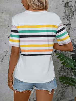 White t-shirt with colorful horizontal stripes on the upper back and sleeves.