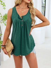 Dark green ruched tank top with button detail and curved hem.