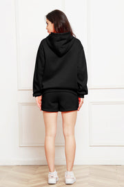 Black hooded loungewear set with shorts and a hoodie, shown from the back.