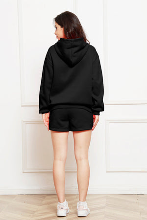 Black hooded loungewear set with shorts and a hoodie, shown from the back.
