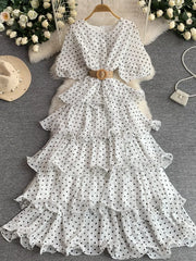 White polka dot tiered ruffle dress with belt