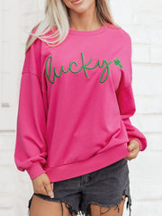 Pink crew neck cotton sweatshirt with green embroidered lucky clover graphic
