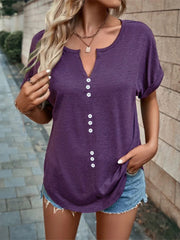 Purple short sleeve t-shirt with V-neck and decorative buttons