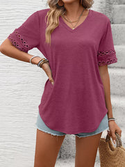 Burgundy V-neck t-shirt with lace trim on short sleeves.