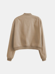 Tan utility bomber jacket with ribbed collar, cuffs, and hem.