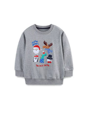 Gray crew neck sweatshirt with Christmas characters and text graphic