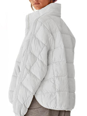 White quilted bomber jacket with stand collar and zipper detail