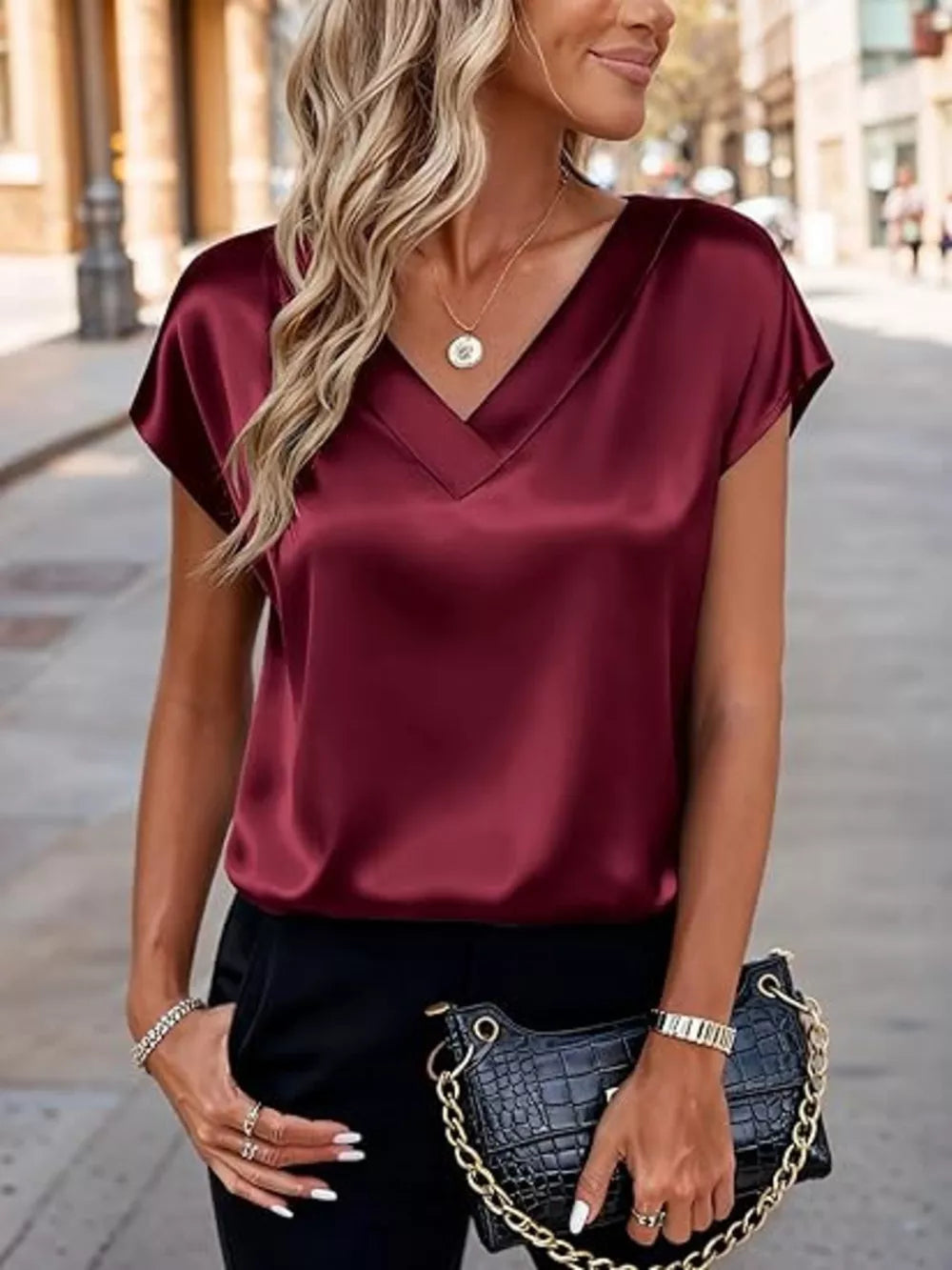 Wine Red Luxe Satin V-neck Short Sleeve Shirt with a draped neckline.